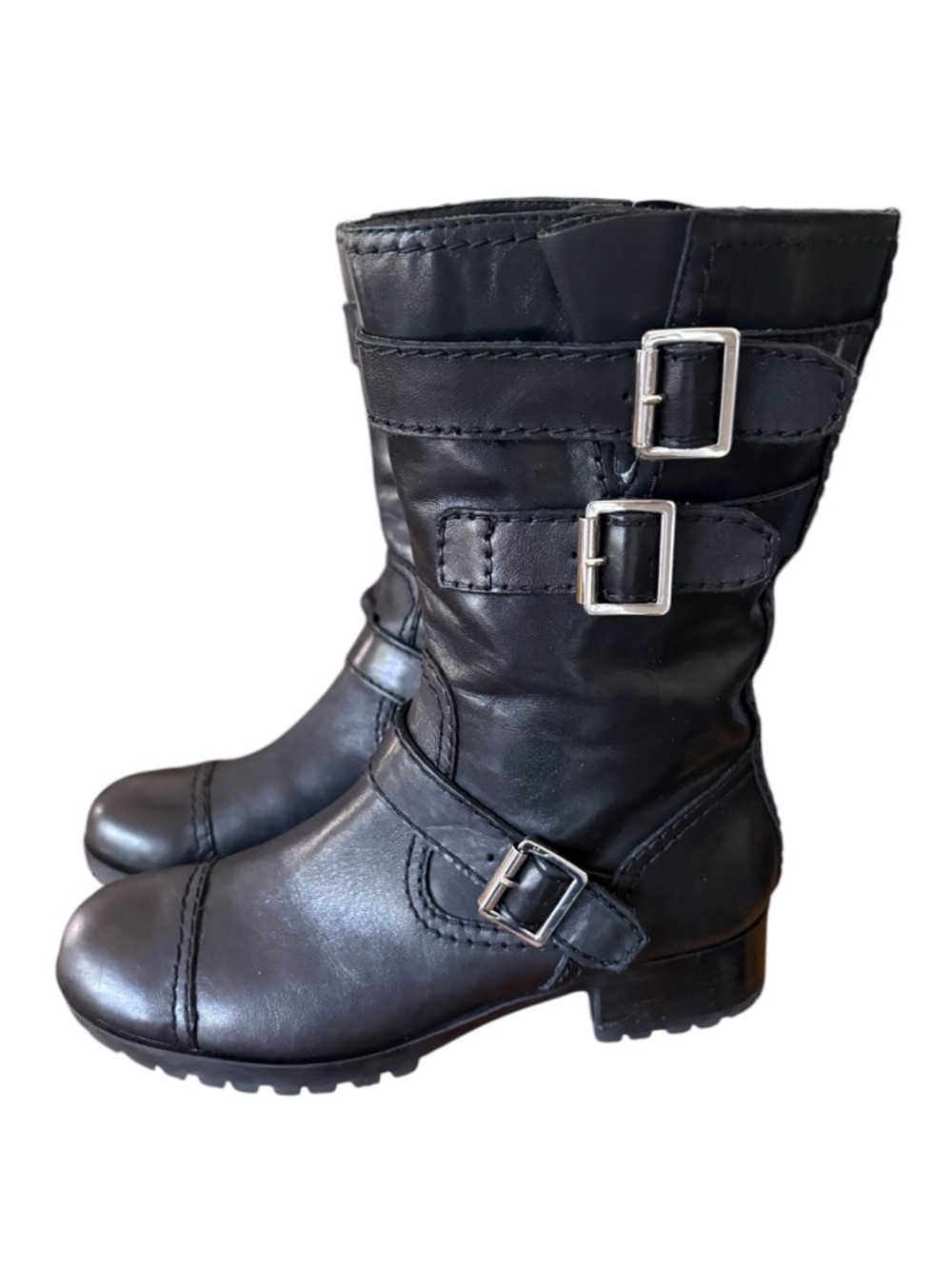 Marc Fisher "Arianna" Mid-Calf Moto Boots Black Leather Buckle Detail Sz 9
